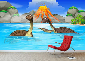 Dinosaurs swimming in the lake Wall Mural Wallpaper - Canvas Art Rocks - 3