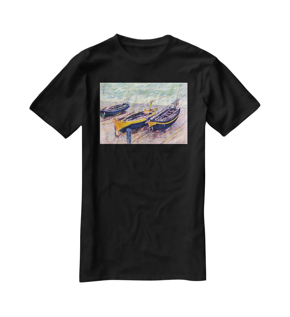 Dock of etretat three fishing boats by Monet T-Shirt - Canvas Art Rocks - 1