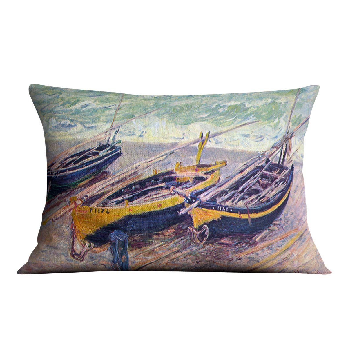 Dock of etretat three fishing boats by Monet Throw Pillow