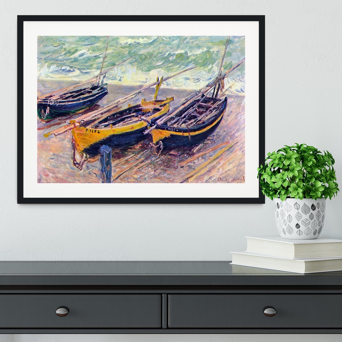 Dock of etretat three fishing boats by Monet Framed Print - Canvas Art Rocks - 1