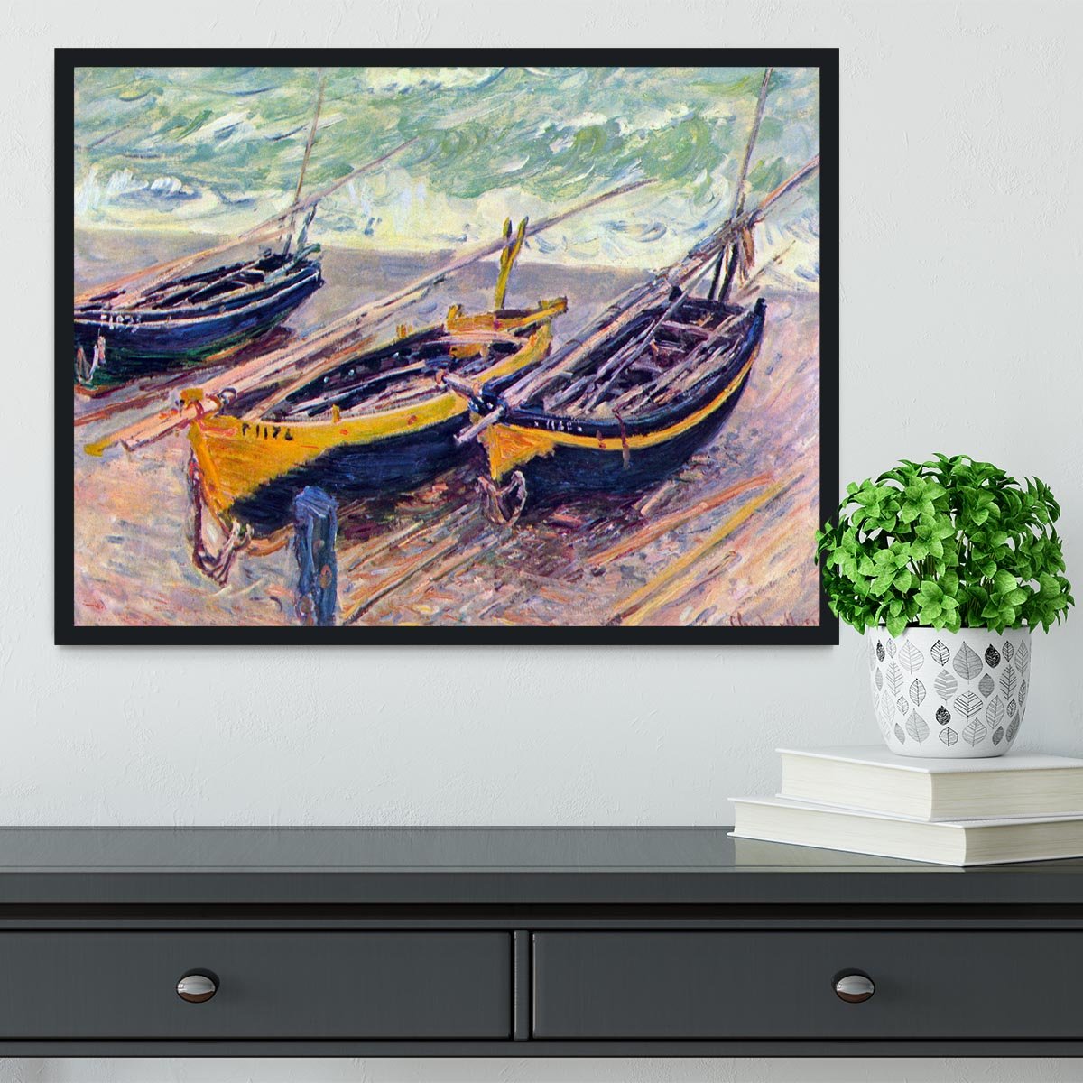 Dock of etretat three fishing boats by Monet Framed Print - Canvas Art Rocks - 2