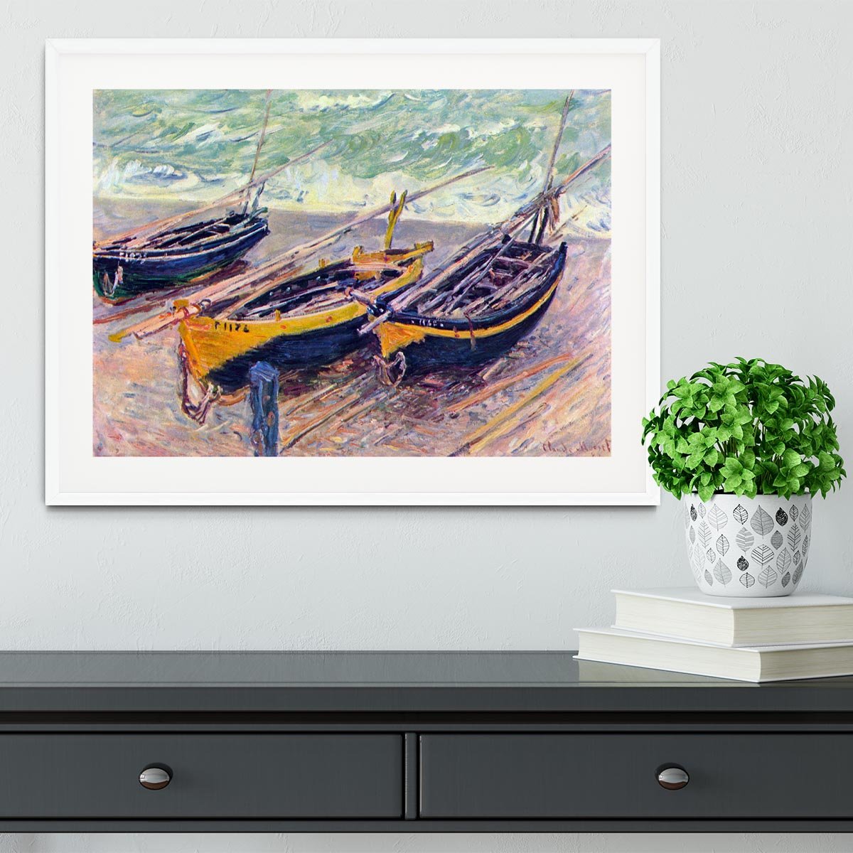 Dock of etretat three fishing boats by Monet Framed Print - Canvas Art Rocks - 5