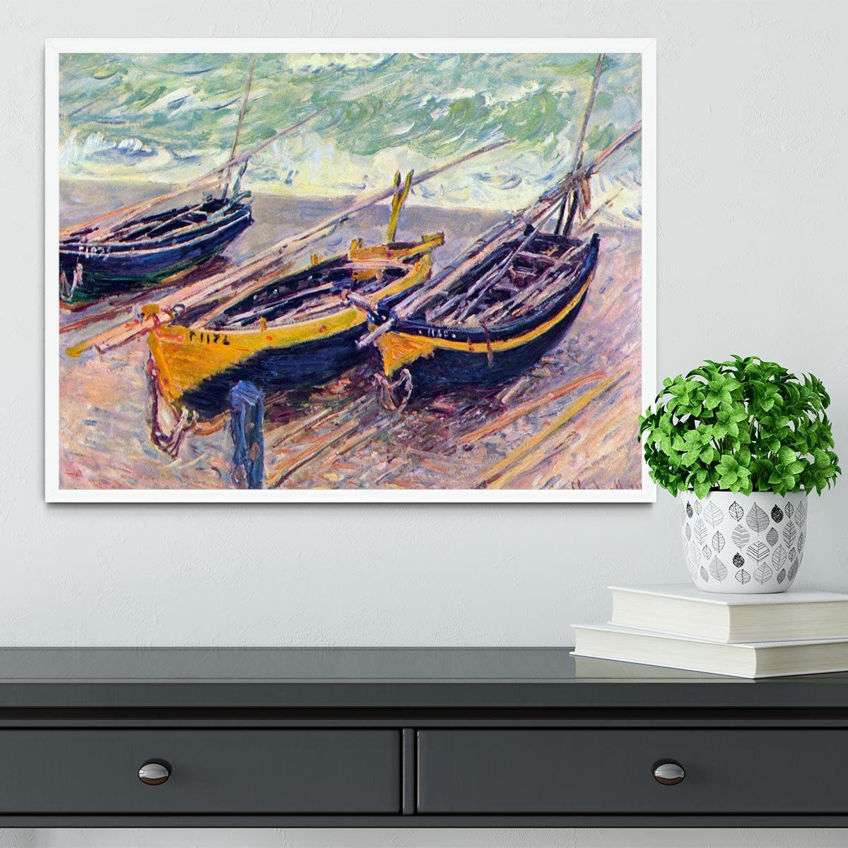 Dock of etretat three fishing boats by Monet Framed Print - Canvas Art Rocks -6