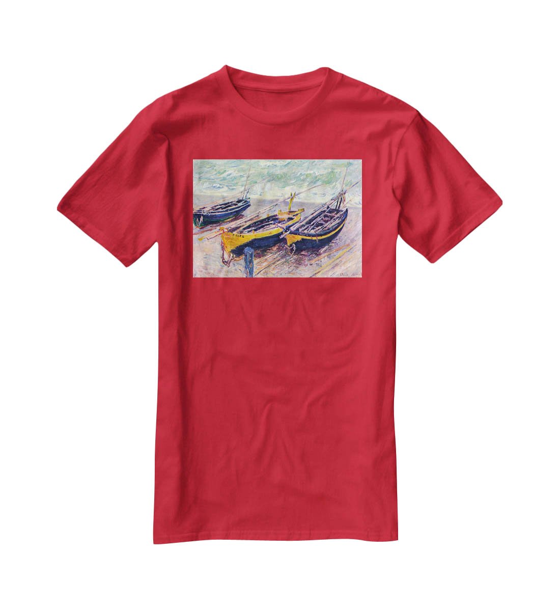 Dock of etretat three fishing boats by Monet T-Shirt - Canvas Art Rocks - 4