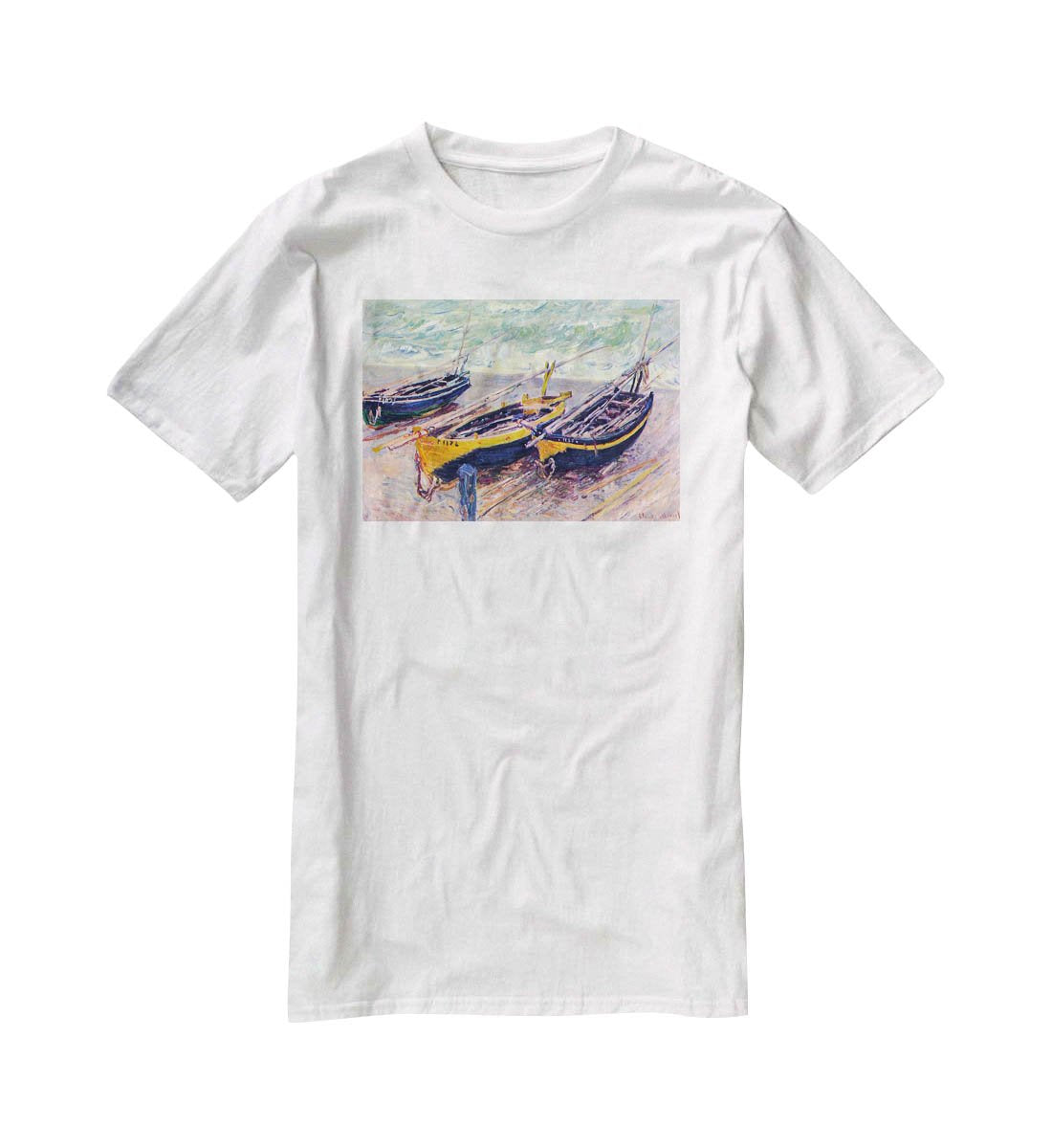 Dock of etretat three fishing boats by Monet T-Shirt - Canvas Art Rocks - 5