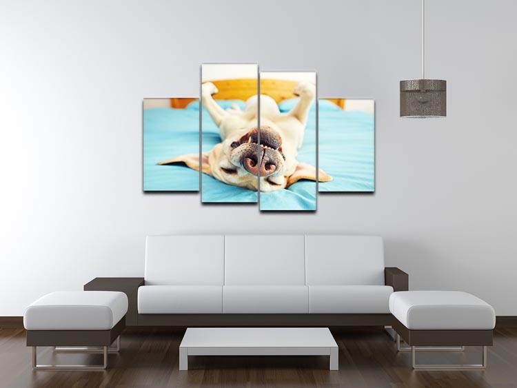 Dog is lying on back on the bed 4 Split Panel Canvas - Canvas Art Rocks - 3