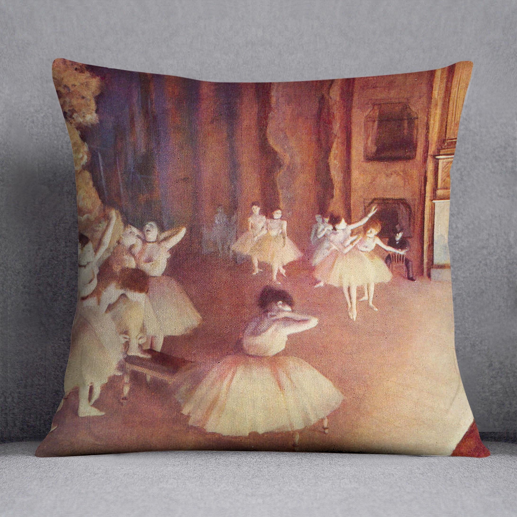 Dress rehearsal of the ballet on the stage by Degas Cushion