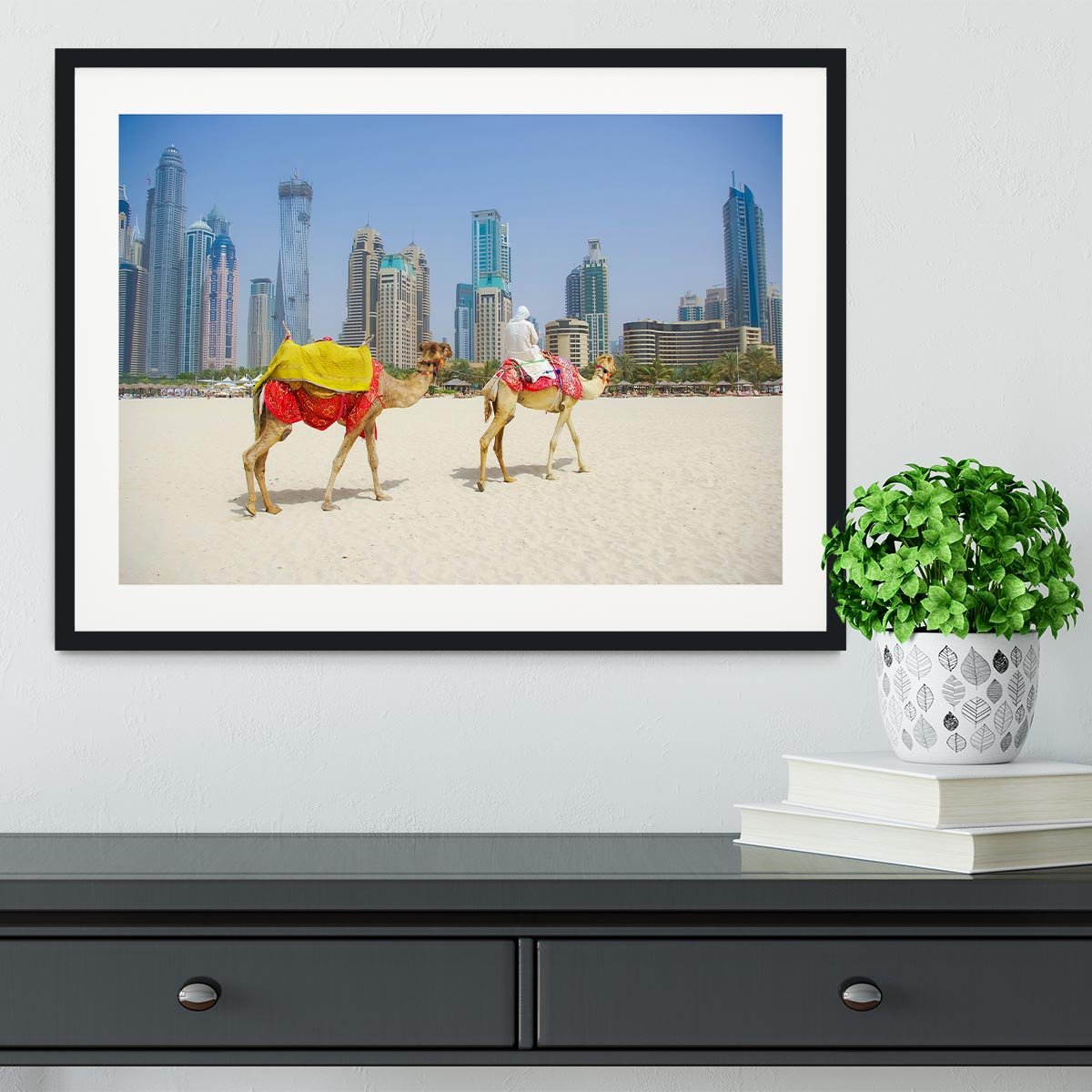 Dubai Camel on the town scape backround Framed Print - Canvas Art Rocks - 1