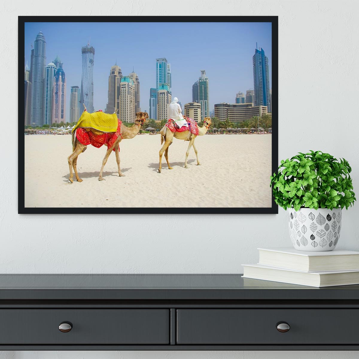 Dubai Camel on the town scape backround Framed Print - Canvas Art Rocks - 2
