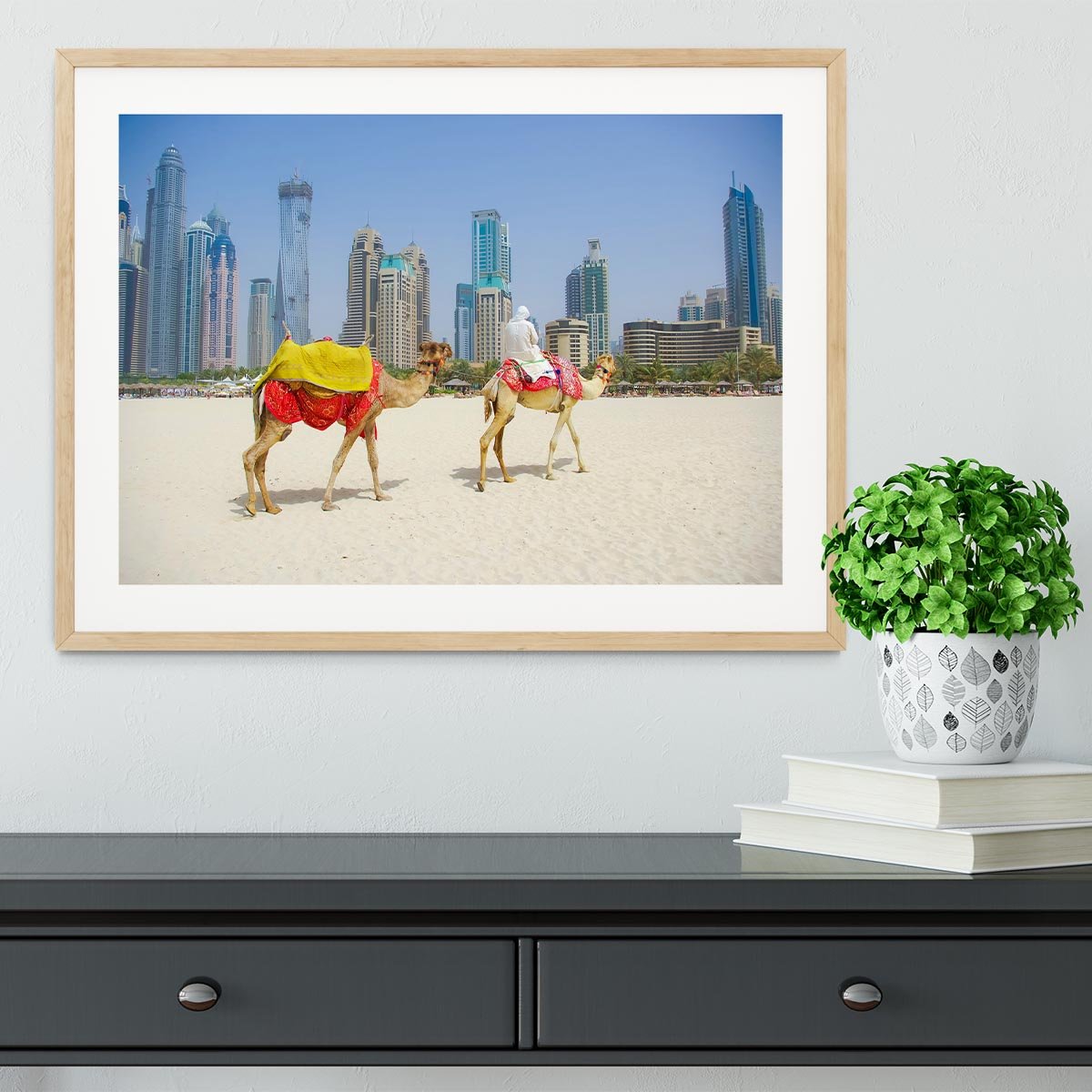 Dubai Camel on the town scape backround Framed Print - Canvas Art Rocks - 3