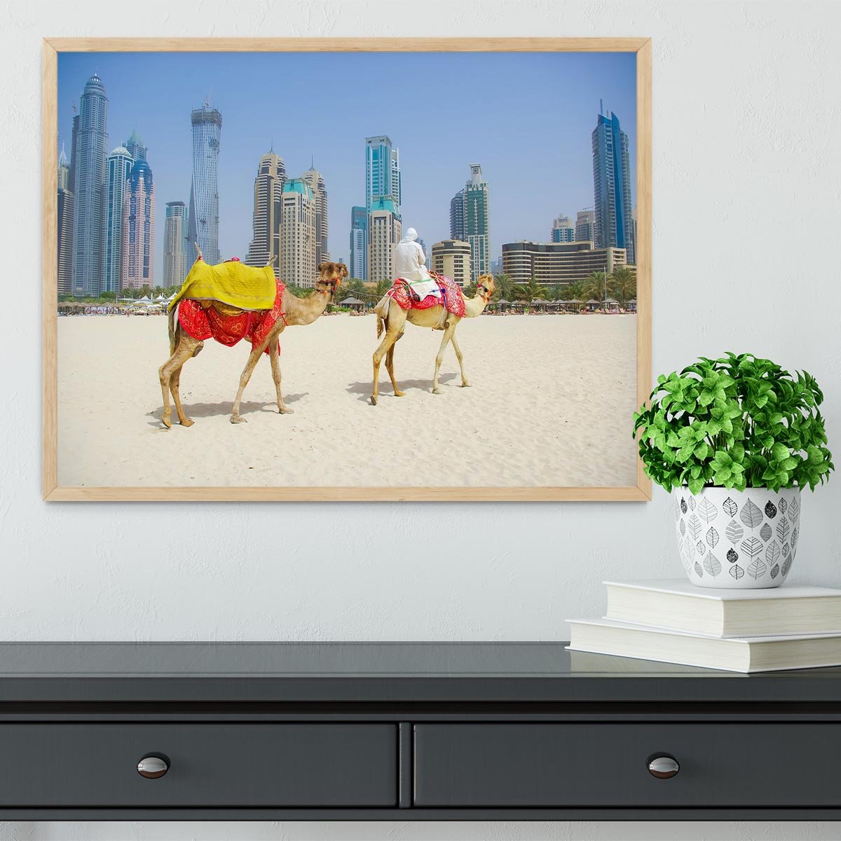 Dubai Camel on the town scape backround Framed Print - Canvas Art Rocks - 4