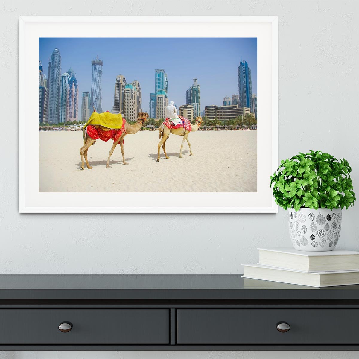 Dubai Camel on the town scape backround Framed Print - Canvas Art Rocks - 5