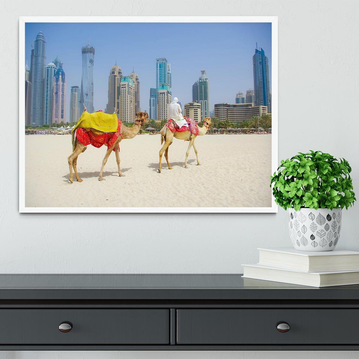 Dubai Camel on the town scape backround Framed Print - Canvas Art Rocks -6