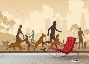 Editable vector illustration of dogs and their owners in a park Wall Mural Wallpaper - Canvas Art Rocks - 2