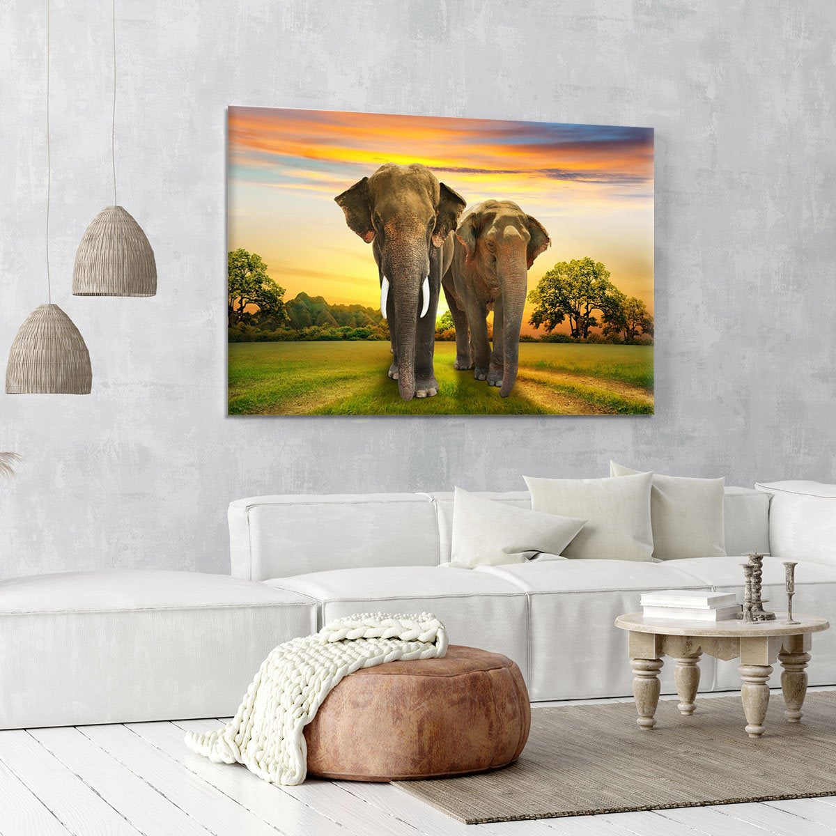 Elephant family on sunset Canvas Print or Poster