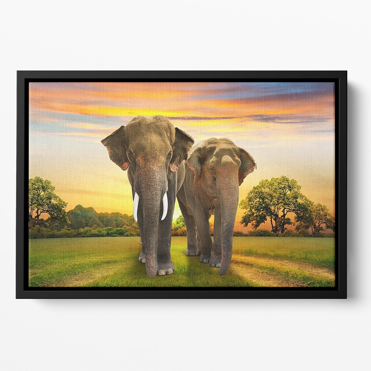 Elephant family on sunset Floating Framed Canvas - Canvas Art Rocks - 2