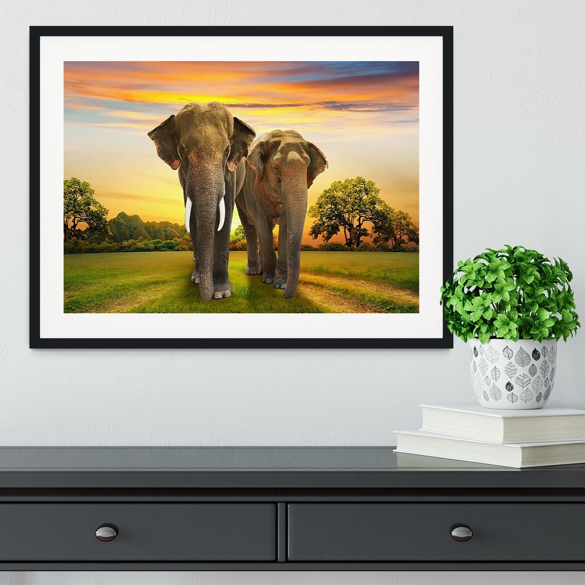 Elephant family on sunset Framed Print - Canvas Art Rocks - 1