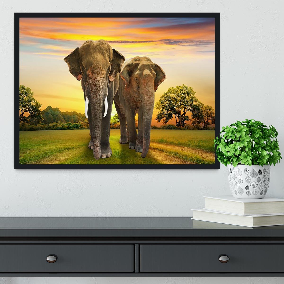 Elephant family on sunset Framed Print - Canvas Art Rocks - 2