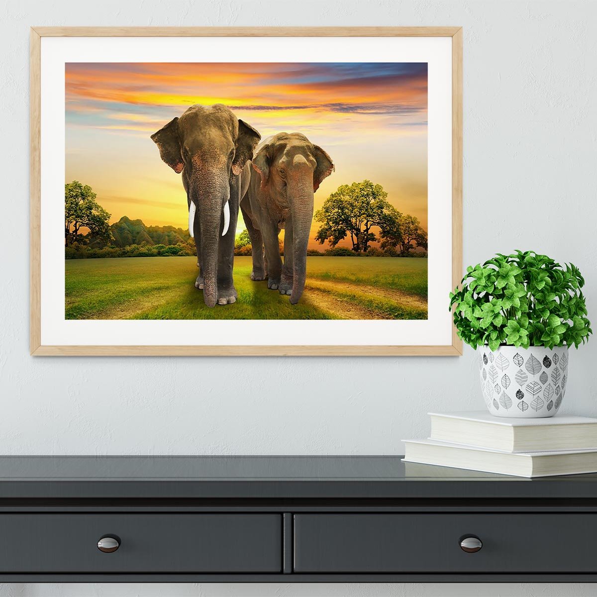 Elephant family on sunset Framed Print - Canvas Art Rocks - 3
