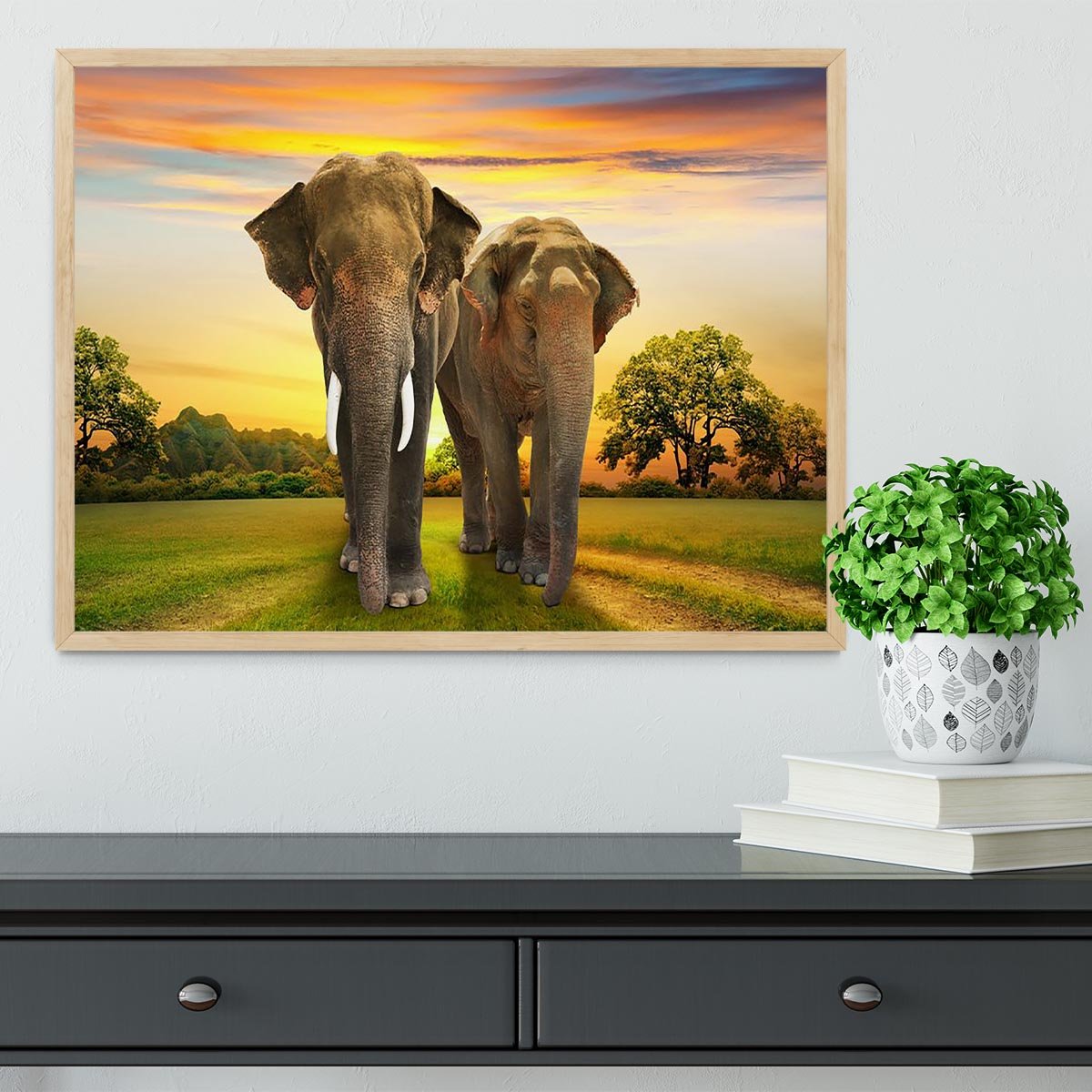 Elephant family on sunset Framed Print - Canvas Art Rocks - 4