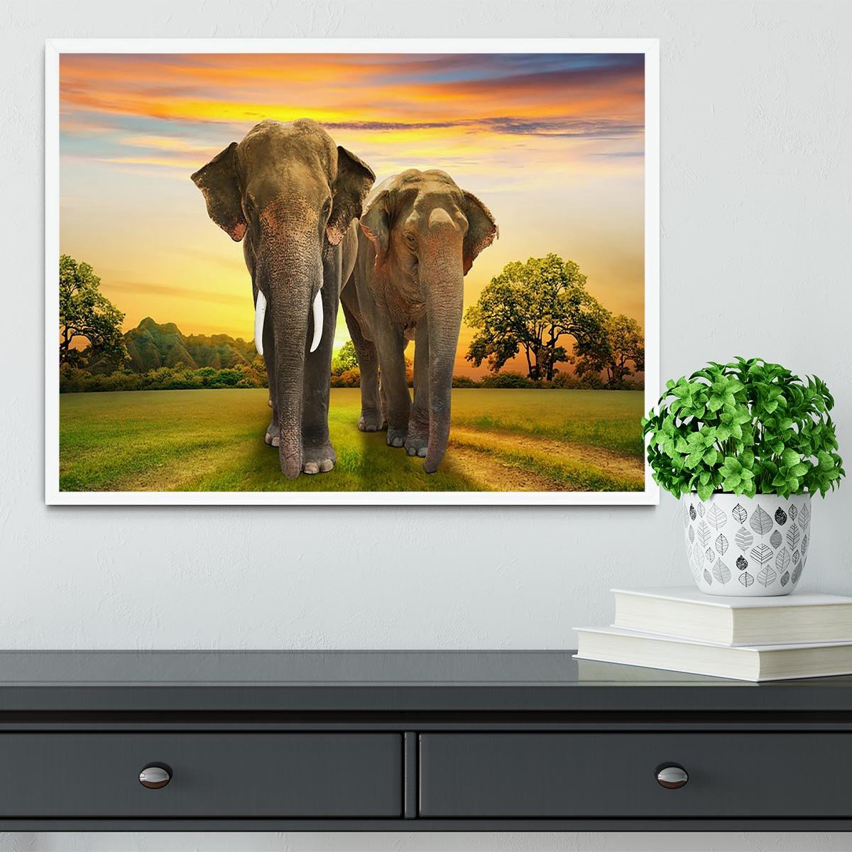 Elephant family on sunset Framed Print - Canvas Art Rocks -6