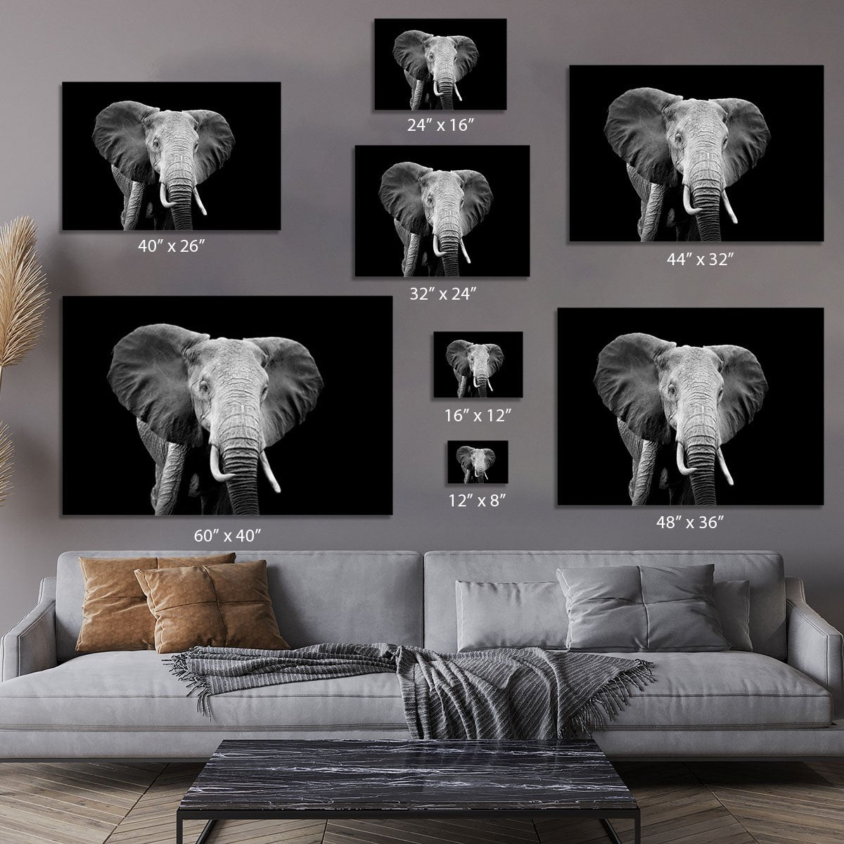 Elephant on dark background. Black and white image Canvas Print or Poster