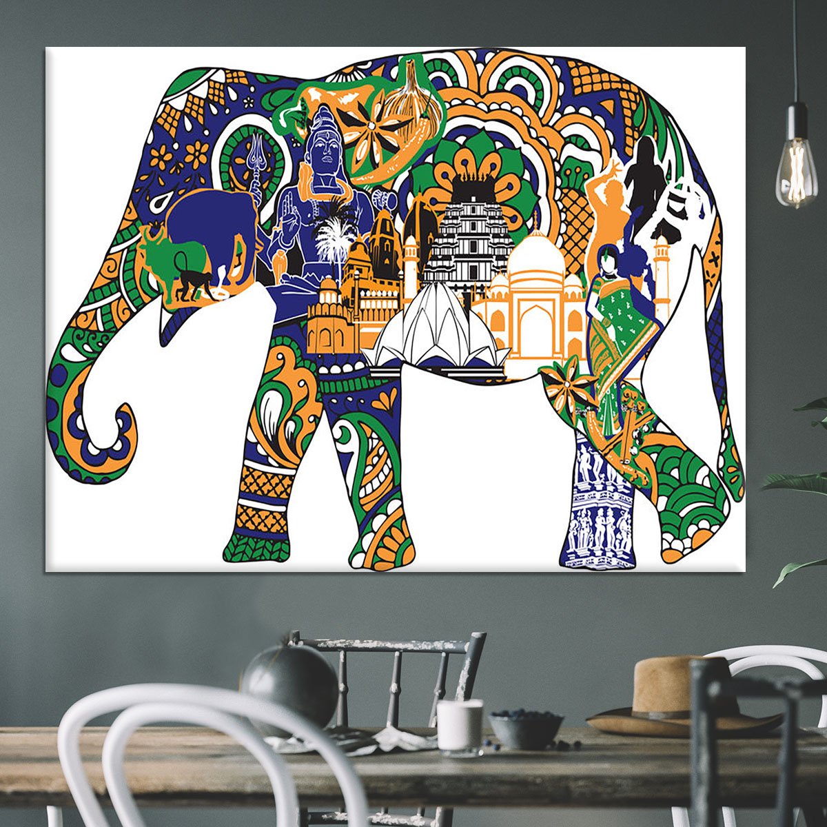 Elephant with Indian symbols Canvas Print or Poster