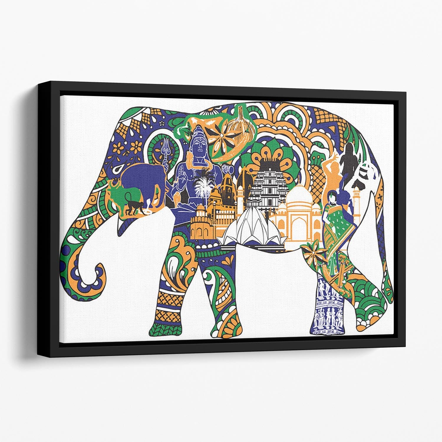 Elephant with Indian symbols Floating Framed Canvas - Canvas Art Rocks - 1