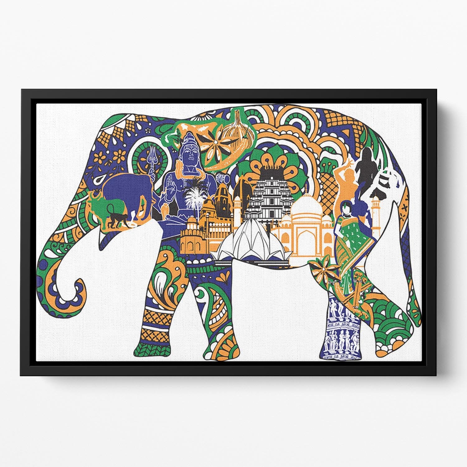 Elephant with Indian symbols Floating Framed Canvas - Canvas Art Rocks - 2