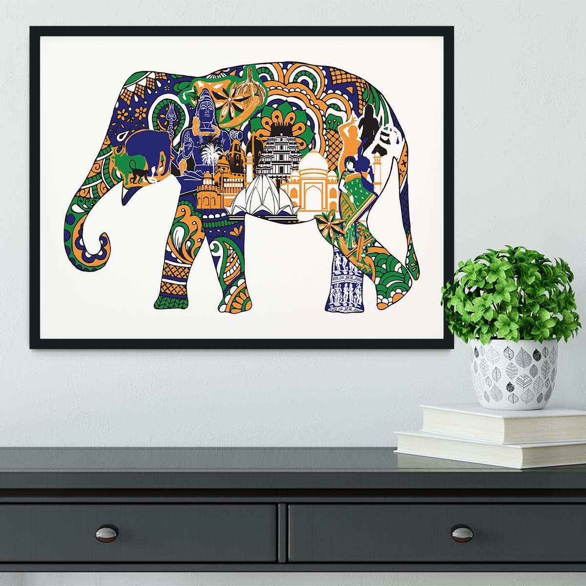 Elephant with Indian symbols Framed Print - Canvas Art Rocks - 1