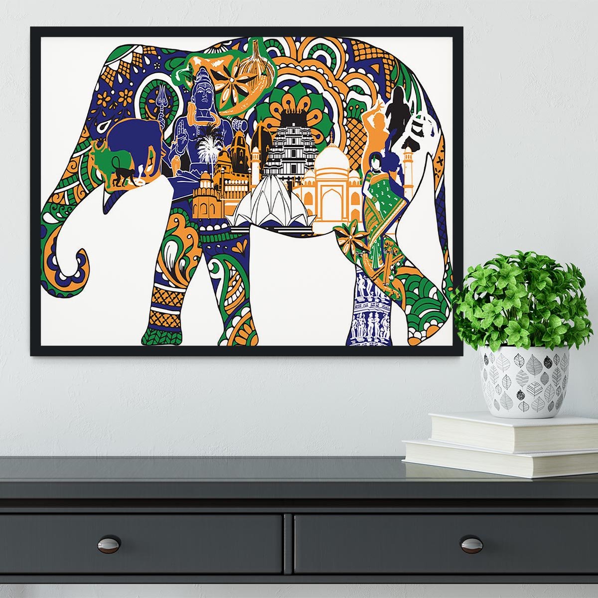 Elephant with Indian symbols Framed Print - Canvas Art Rocks - 2