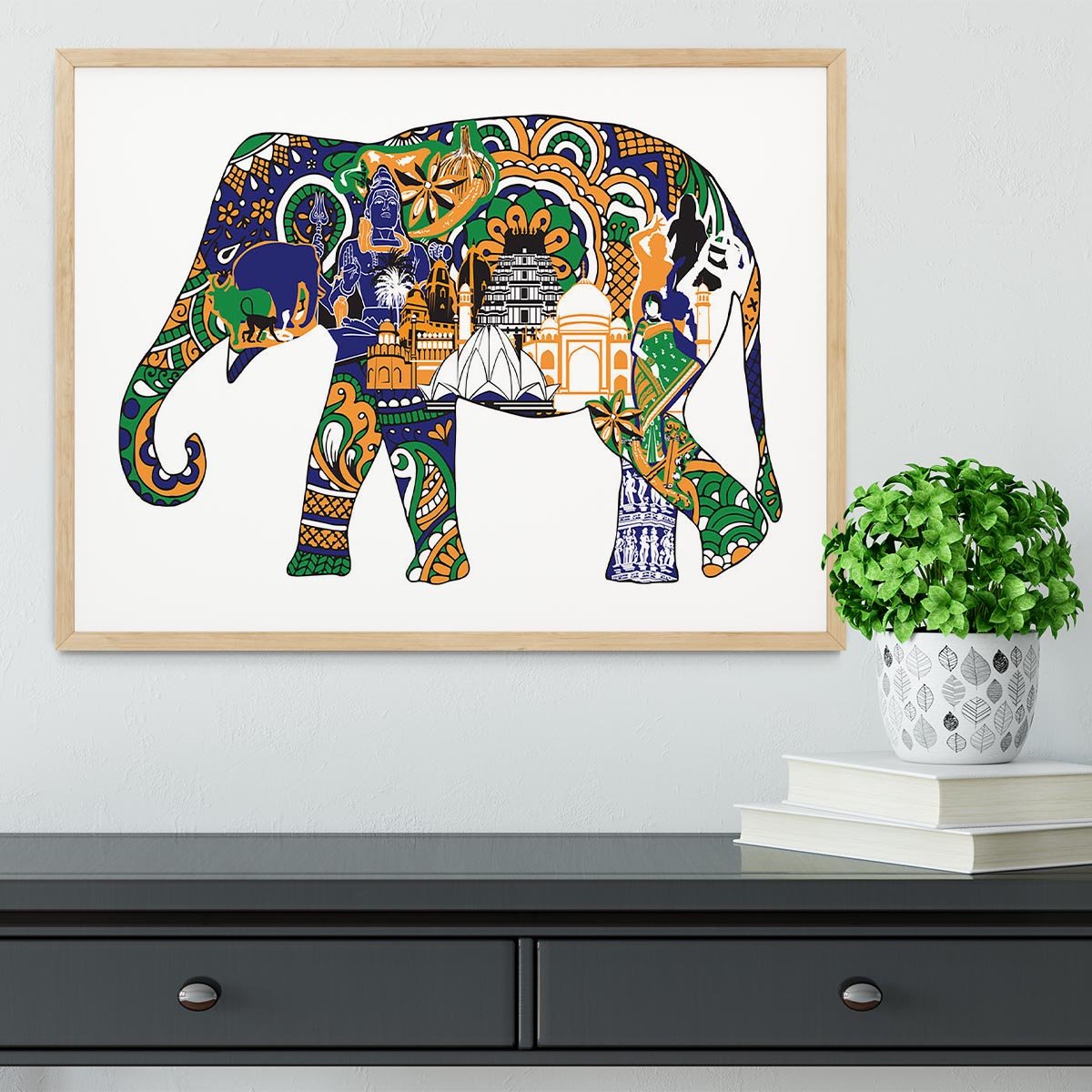 Elephant with Indian symbols Framed Print - Canvas Art Rocks - 3