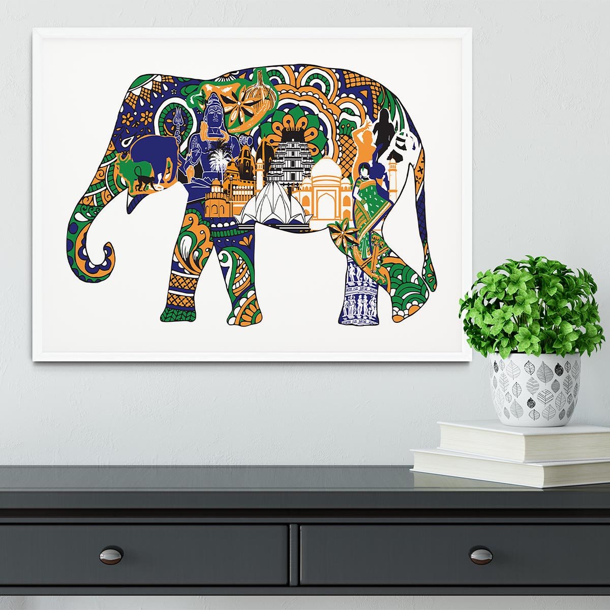 Elephant with Indian symbols Framed Print - Canvas Art Rocks - 5