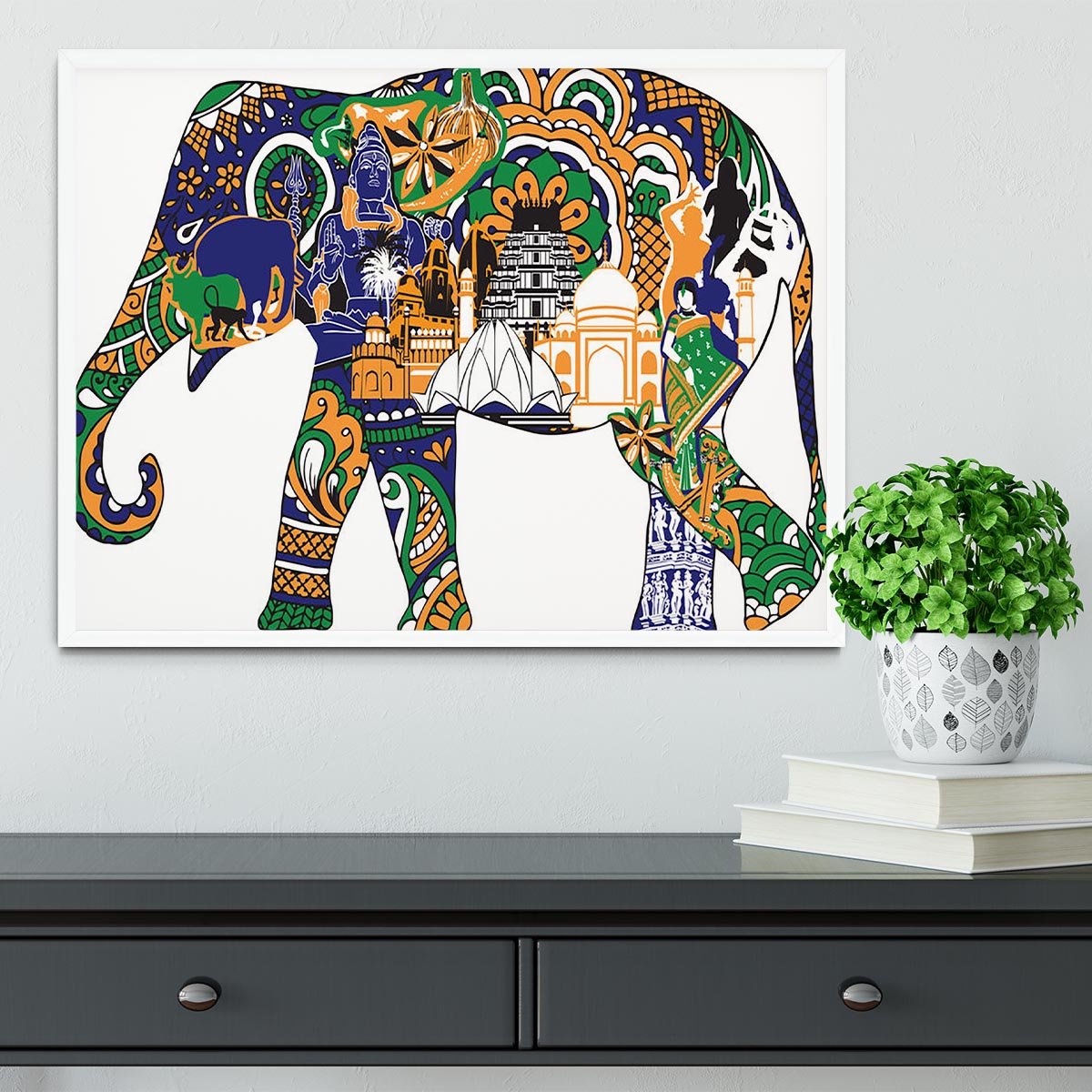 Elephant with Indian symbols Framed Print - Canvas Art Rocks -6