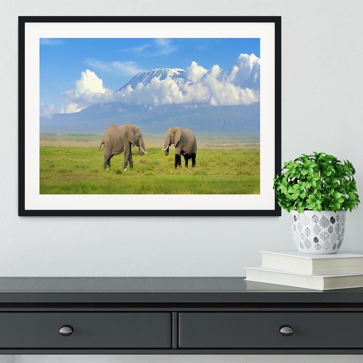 Elephant with Mount Kilimanjaro in the background Framed Print - Canvas Art Rocks - 1