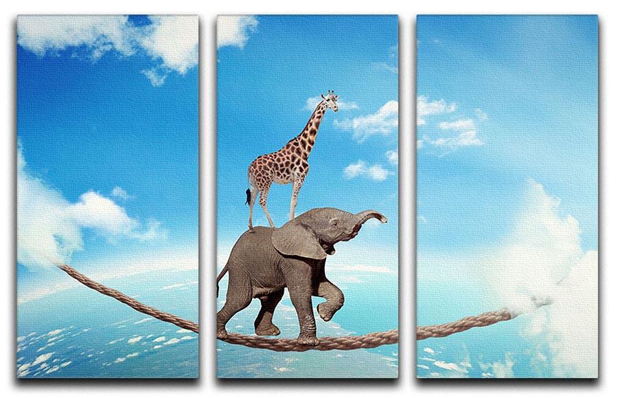 Elephant with giraffe walking on dangerous rope high in sky 3 Split Panel Canvas Print - Canvas Art Rocks - 1