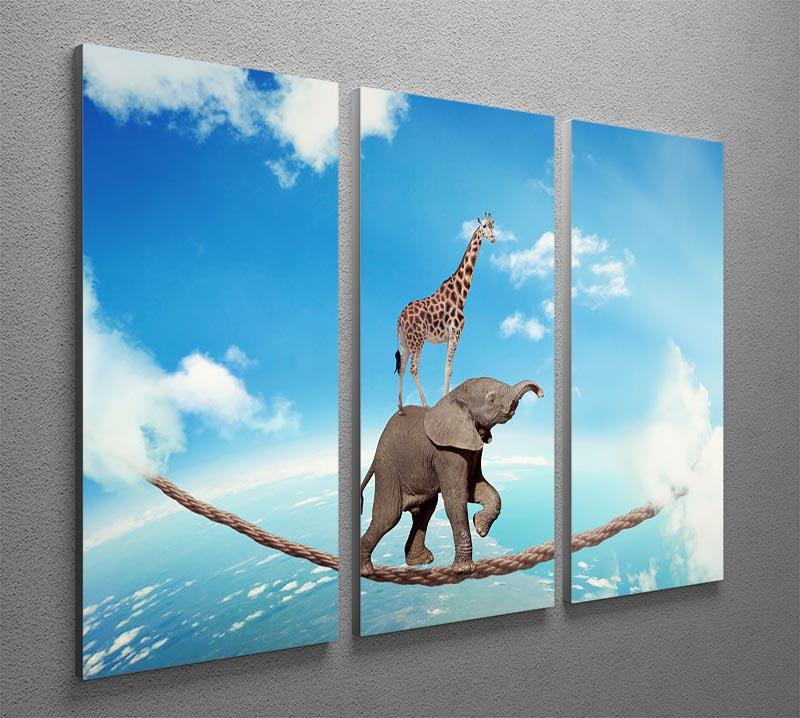 Elephant with giraffe walking on dangerous rope high in sky 3 Split Panel Canvas Print - Canvas Art Rocks - 2