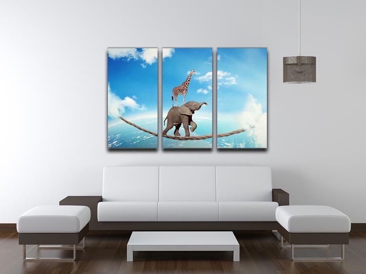 Elephant with giraffe walking on dangerous rope high in sky 3 Split Panel Canvas Print - Canvas Art Rocks - 3