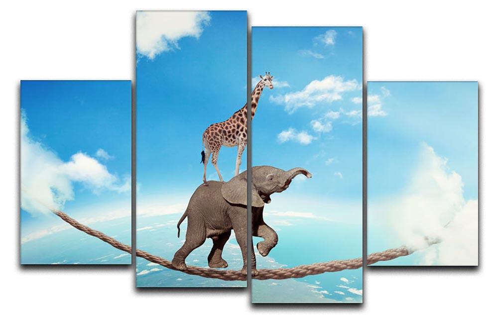 Elephant with giraffe walking on dangerous rope high in sky 4 Split Panel Canvas - Canvas Art Rocks - 1