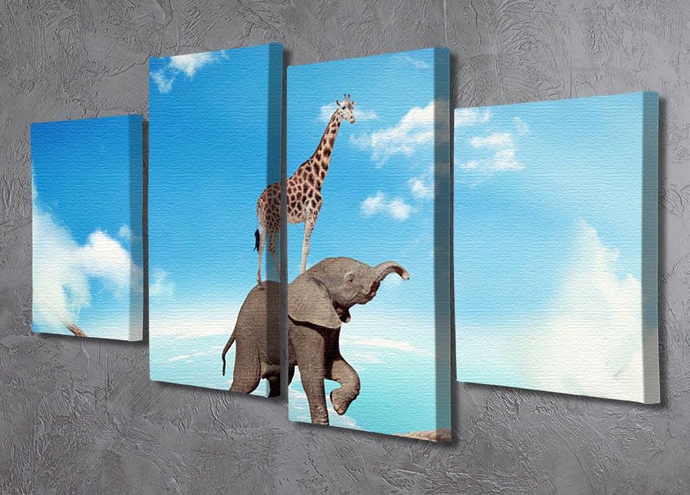 Elephant with giraffe walking on dangerous rope high in sky 4 Split Panel Canvas - Canvas Art Rocks - 2