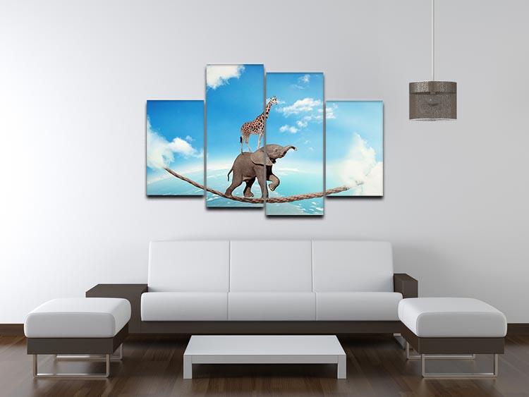 Elephant with giraffe walking on dangerous rope high in sky 4 Split Panel Canvas - Canvas Art Rocks - 3