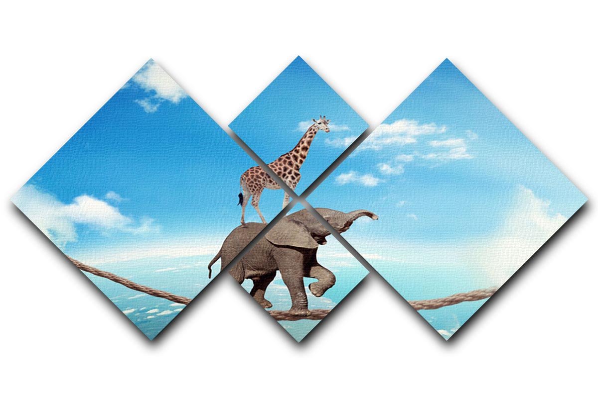 Elephant with giraffe walking on dangerous rope high in sky 4 Square Multi Panel Canvas - Canvas Art Rocks - 1