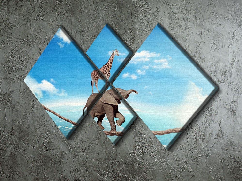 Elephant with giraffe walking on dangerous rope high in sky 4 Square Multi Panel Canvas - Canvas Art Rocks - 2
