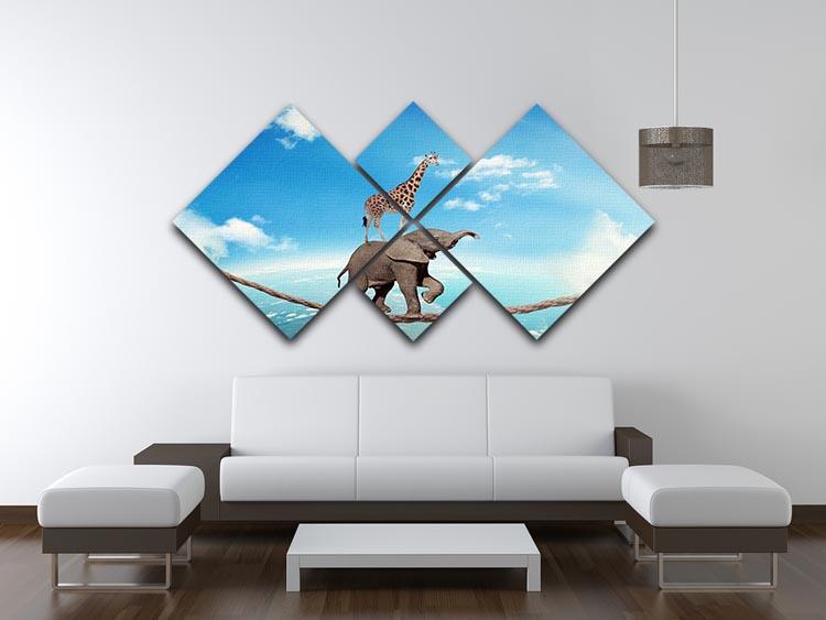 Elephant with giraffe walking on dangerous rope high in sky 4 Square Multi Panel Canvas - Canvas Art Rocks - 3