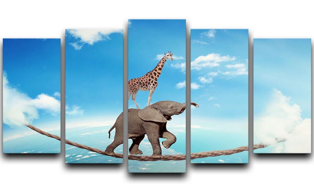 Elephant with giraffe walking on dangerous rope high in sky 5 Split Panel Canvas - Canvas Art Rocks - 1