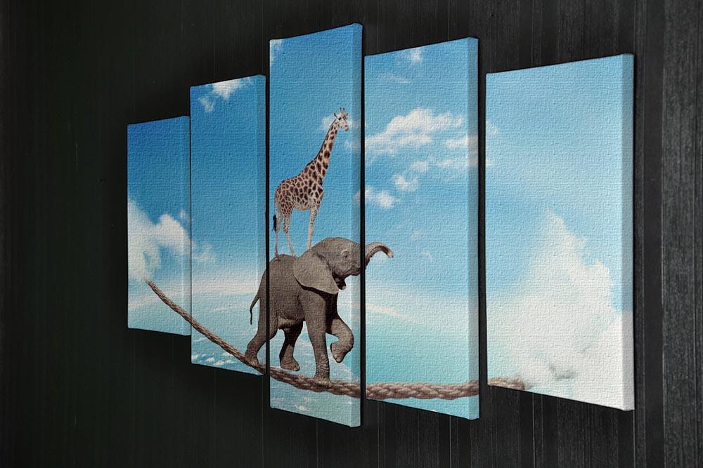 Elephant with giraffe walking on dangerous rope high in sky 5 Split Panel Canvas - Canvas Art Rocks - 2