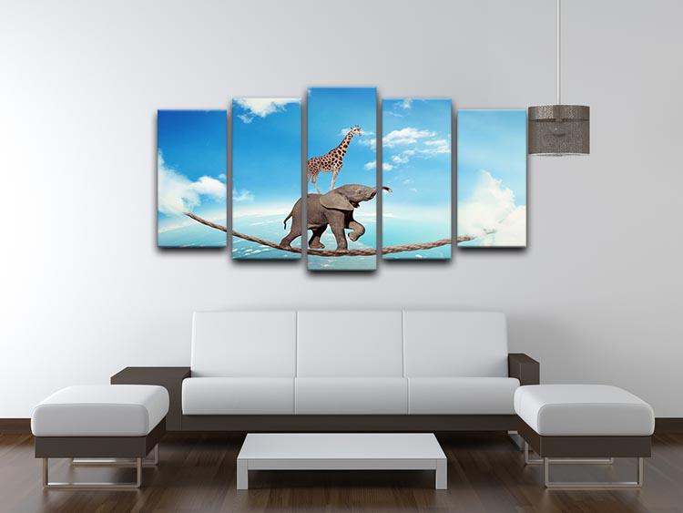 Elephant with giraffe walking on dangerous rope high in sky 5 Split Panel Canvas - Canvas Art Rocks - 3