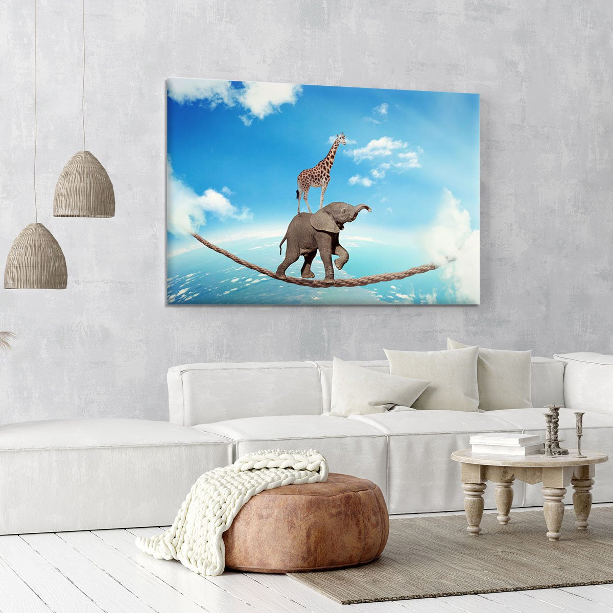 Elephant with giraffe walking on dangerous rope high in sky Canvas Print or Poster