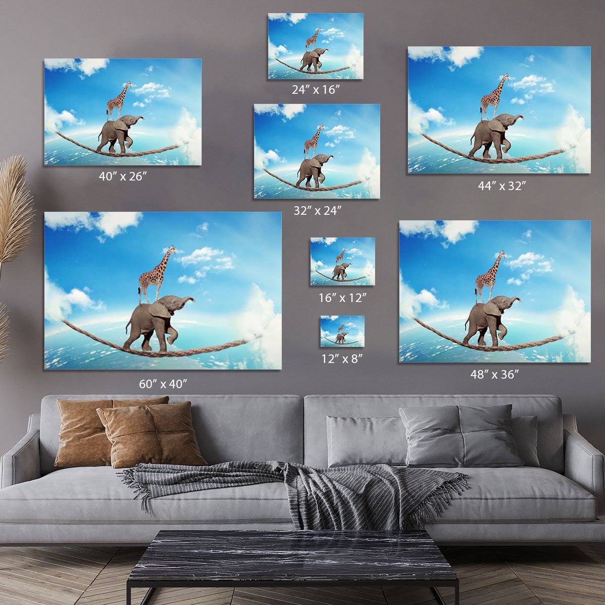 Elephant with giraffe walking on dangerous rope high in sky Canvas Print or Poster
