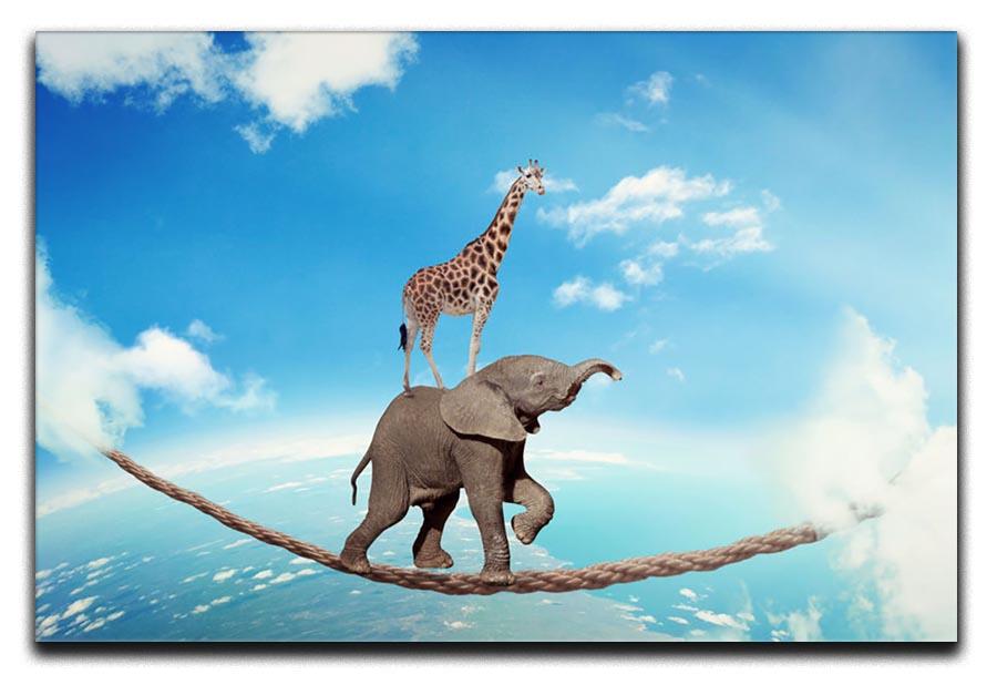 Elephant with giraffe walking on dangerous rope high in sky Canvas Print or Poster - Canvas Art Rocks - 1